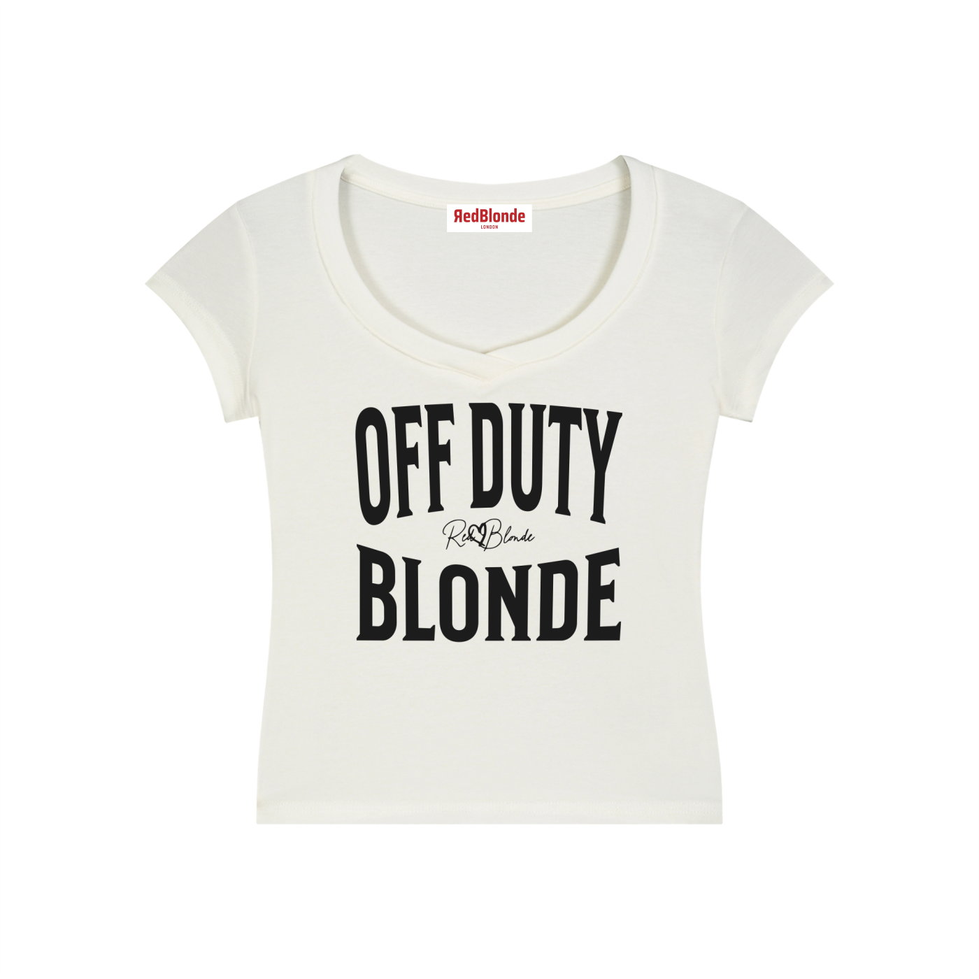 Cream fitted V-neck T-shirt with black ‘OFF DUTY BLONDE’ Brookfield text front print, RedBlonde logo detail, and RedBlonde neck label