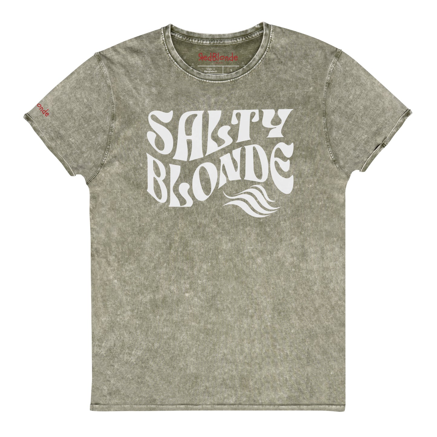 flatlay of soft army green denim vintage wash graphic t-shirt with the slogan 'Salty Blonde' in white retro 70s wavy font. Branded RedBlonde inside neck and right shoulder in red