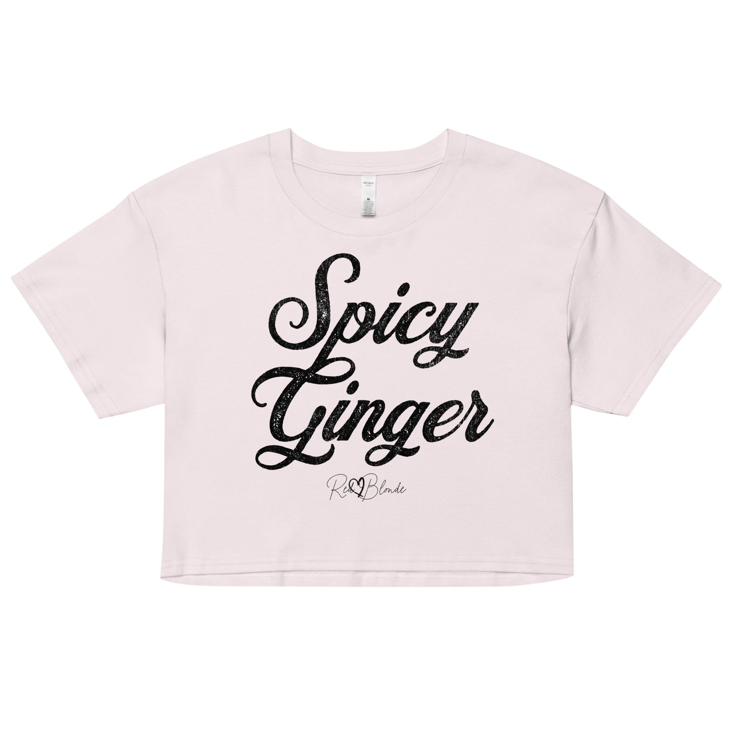 orchid crop top with the playful slogan ‘Spicy Ginger’ in black milk-store font, signed off RedBlonde. Branded RedBlonde London in red on the reverse