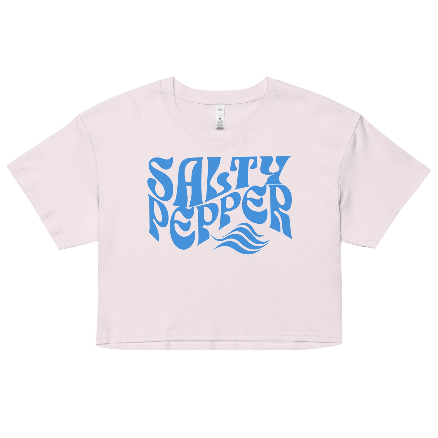 Flatlay of a orchid white loose women's crop top t-shirt with the words ‘Salty Pepper’ in blue retro wavy 70s font