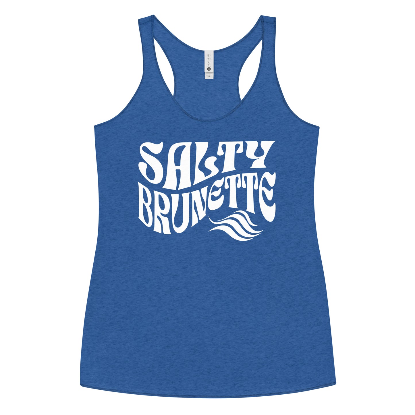 Flatlay of a royal blue soft racerback tank t-shirt with 'Salty Brunette' play on words slogan in white retro 70s font. Branded RedBlonde London on reverse