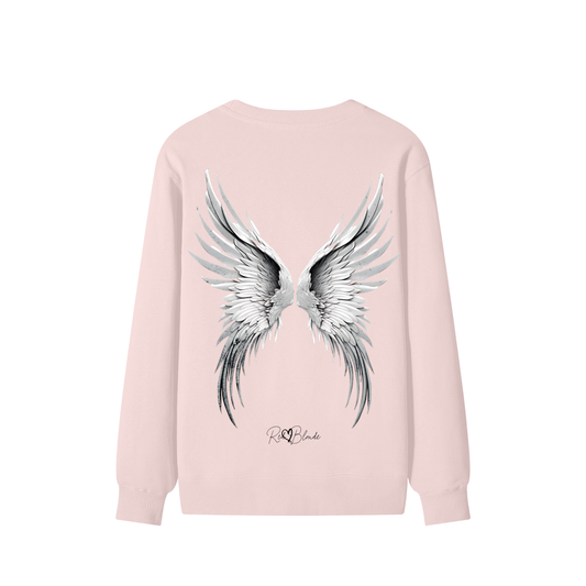 Angelic Redhead back view of pink sweatshirt featuring a striking pair of detailed silver-grey angel wings printed across the back, with the RedBlonde signature logo beneath the design.