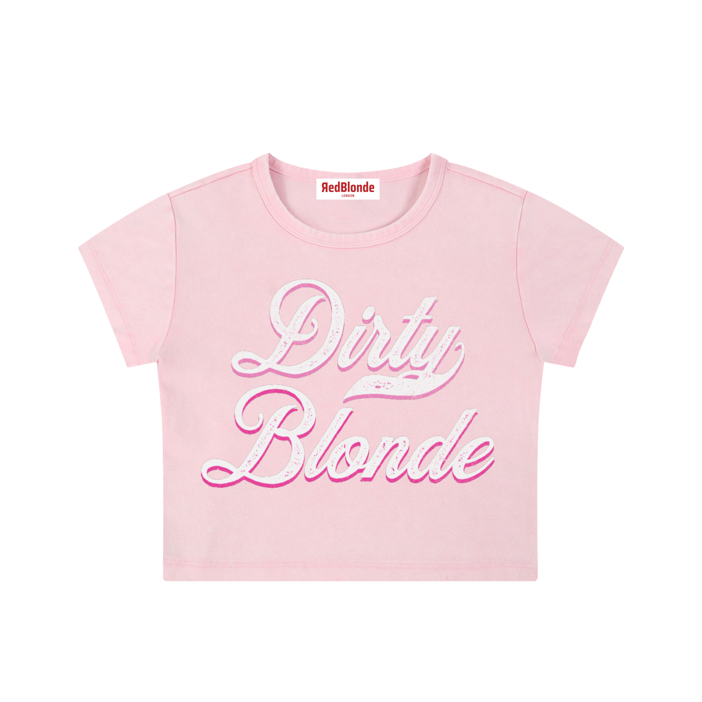 Light pink short-sleeve crop T-shirt with large cursive “Dirty Blonde” Milkstore text in white and pink on the front, and a small “RedBlonde London” label at the neckline.