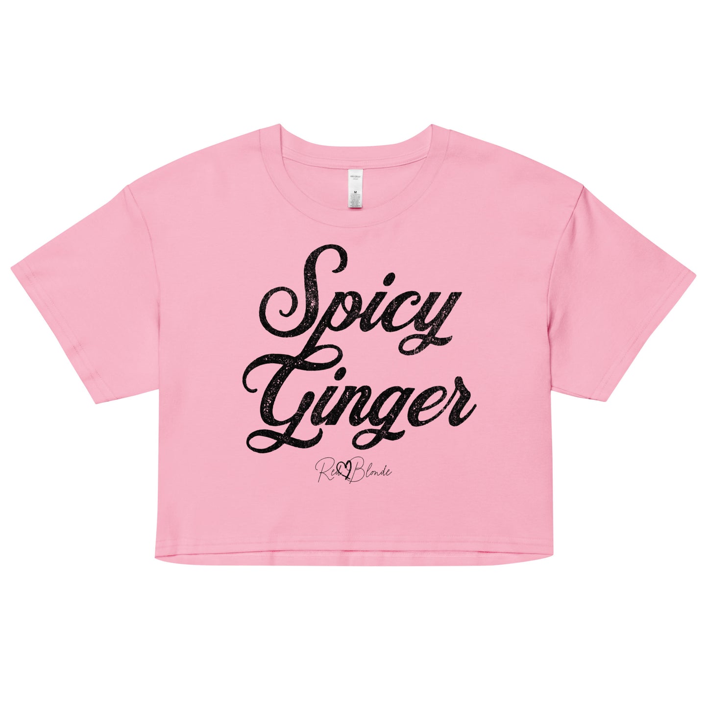 pink crop top with the playful slogan ‘Spicy Ginger’ in black milk-store font, signed off RedBlonde. Branded RedBlonde London in red on the reverse