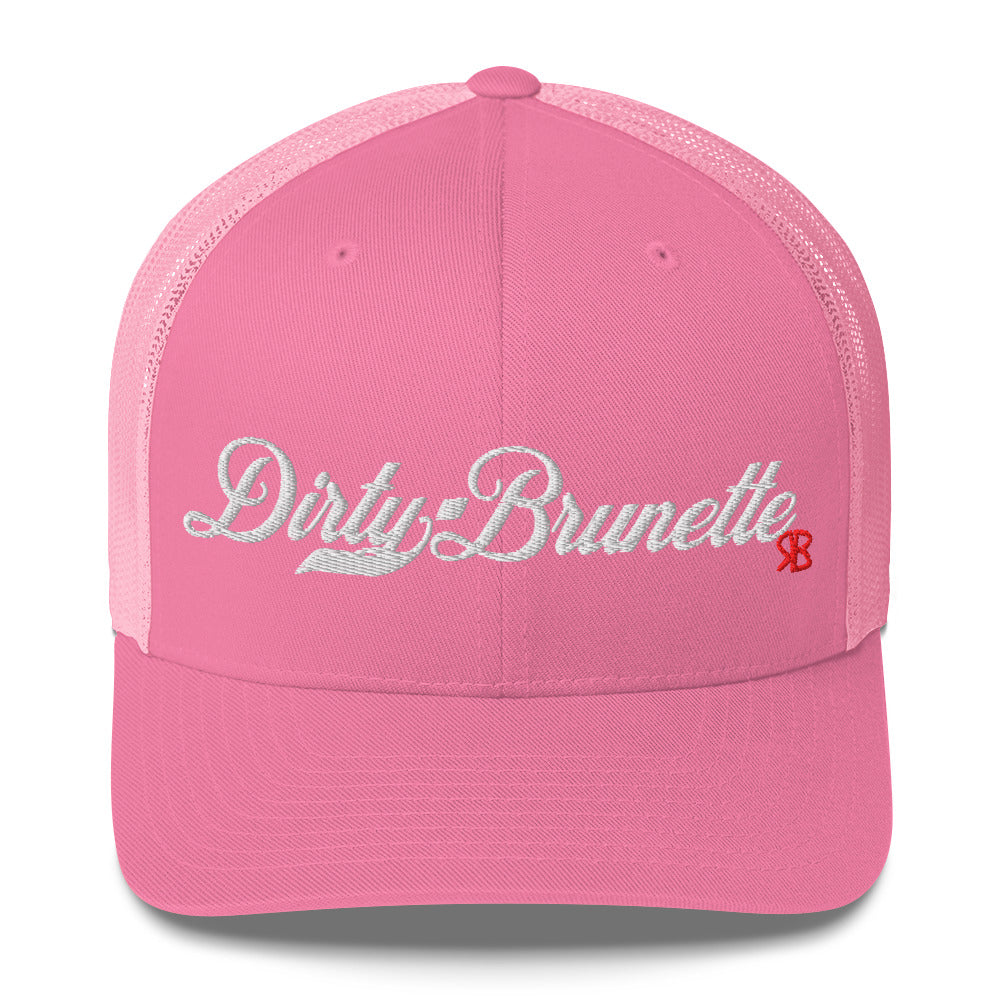 pink trucker cap with 'Dirty Brunette' in white milkstore font. Branded RB in Red