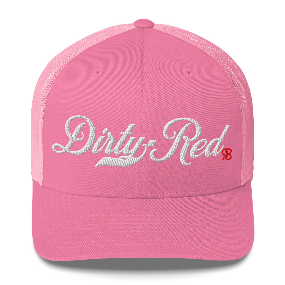 pink trucker cap with 'Dirty Red' in white milkstore font. Branded RB in Red