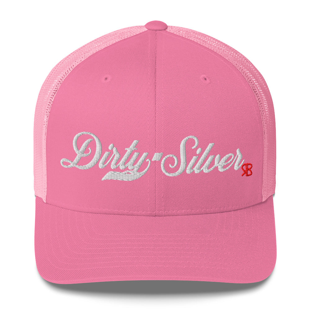 pink trucker cap with 'Dirty Silver' in white milkstore font. Branded RB in Red
