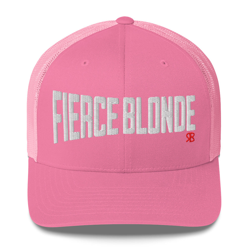 pink retro trucker cap with bold white embroidered text “Fierce Blonde” across the front, featuring a small red RB logo on the side.