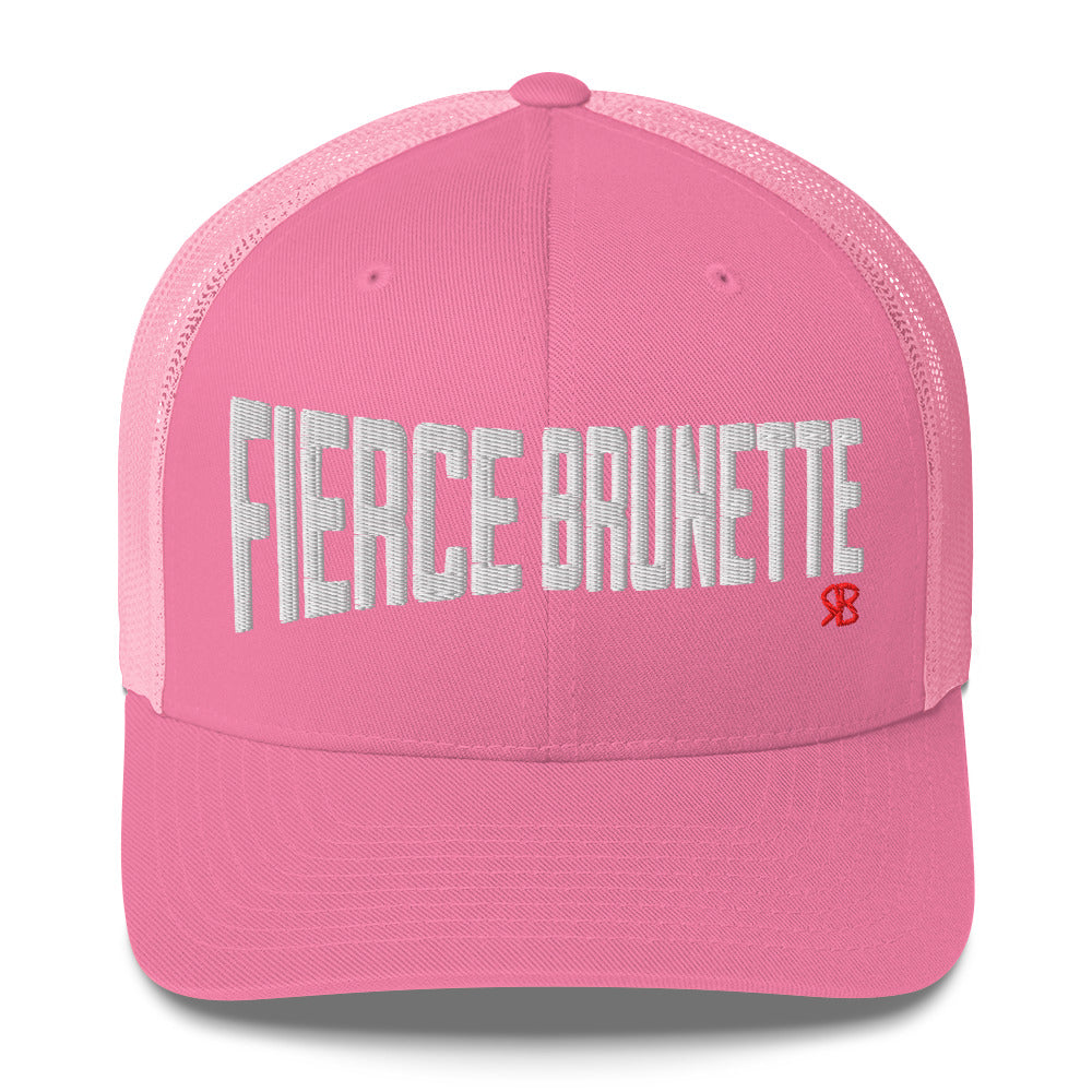 pink retro trucker cap with bold white embroidered text “Fierce Brunette” across the front, featuring a small red RB logo on the side.