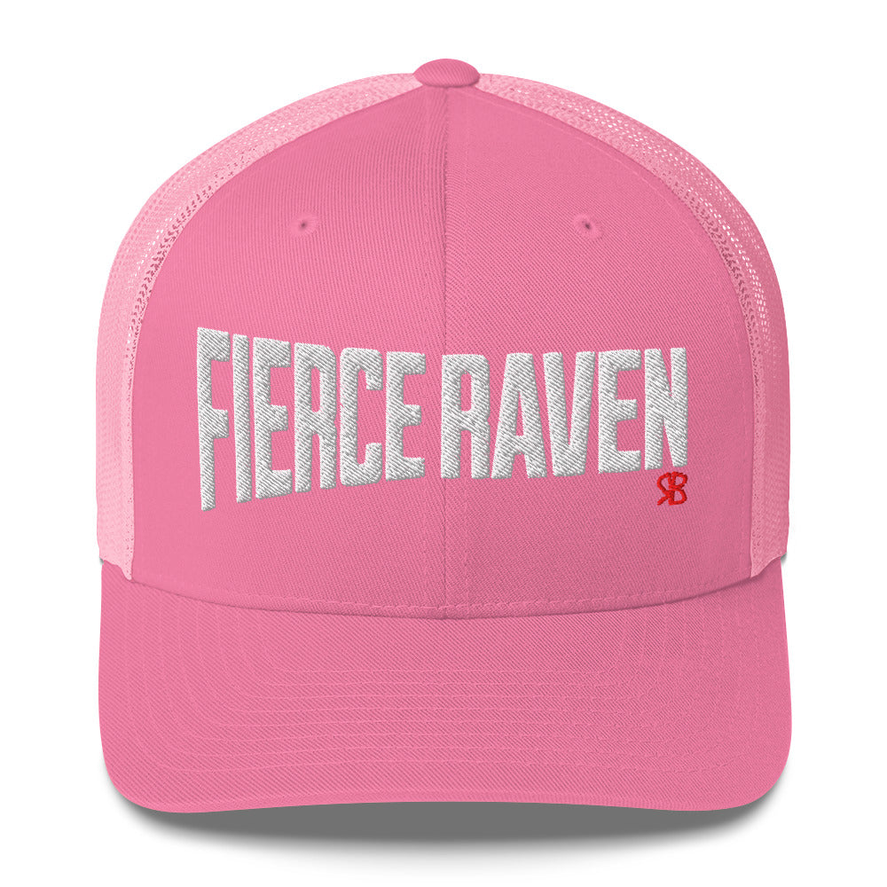 pink retro trucker cap with bold white embroidered text “Fierce Raven” across the front, featuring a small red RB logo on the side.