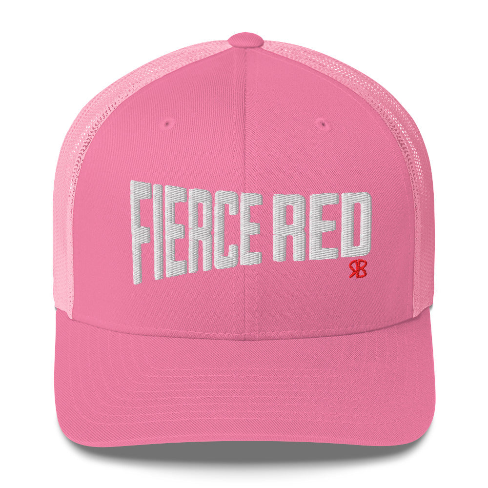 pink retro trucker cap with bold white embroidered text “Fierce Red” across the front, featuring a small red RB logo on the side.