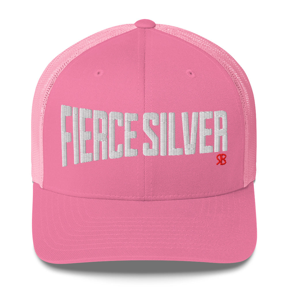 pink retro trucker cap with bold white embroidered text “Fierce Silver” across the front, featuring a small red RB logo on the side.