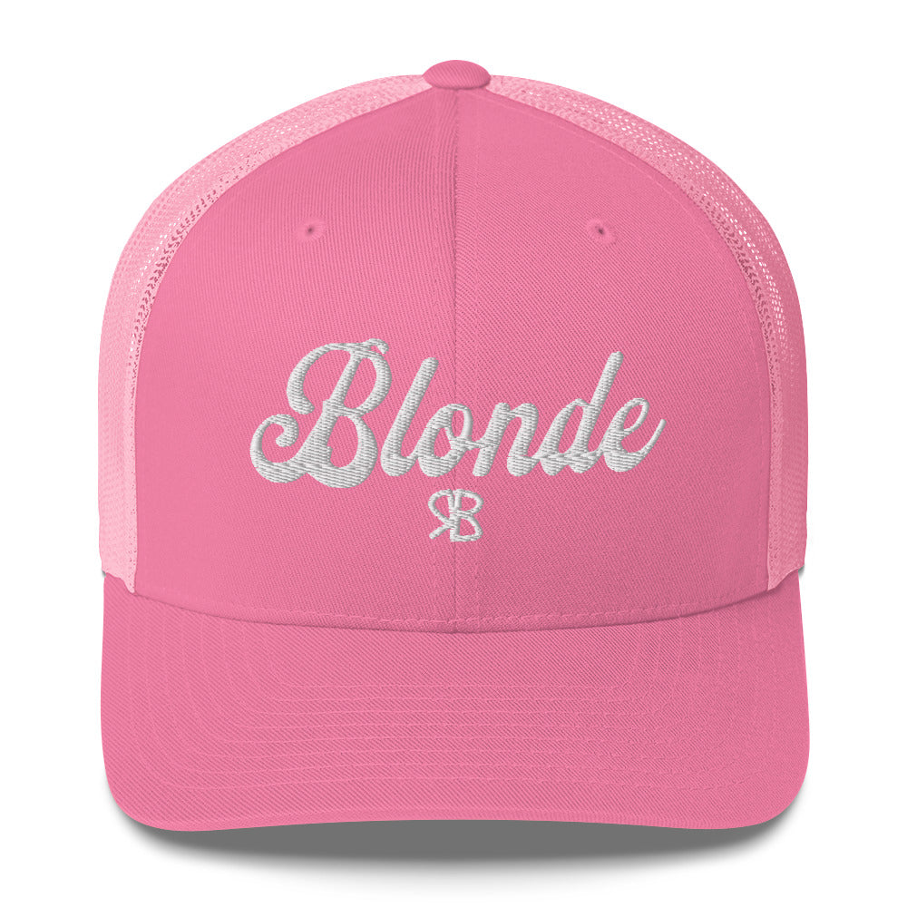 pink trucker cap with 'Blonde' in white adventurer 01 font on front. Mesh back. Branded RB