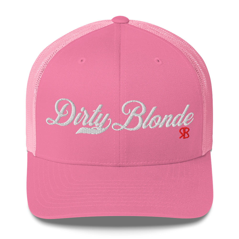 pink trucker cap with 'Dirty Blonde' in white milkstore font. Branded RB in Red
