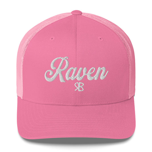 pink trucker cap with 'Raven' in white adventurer 01 font on front. Branded RB