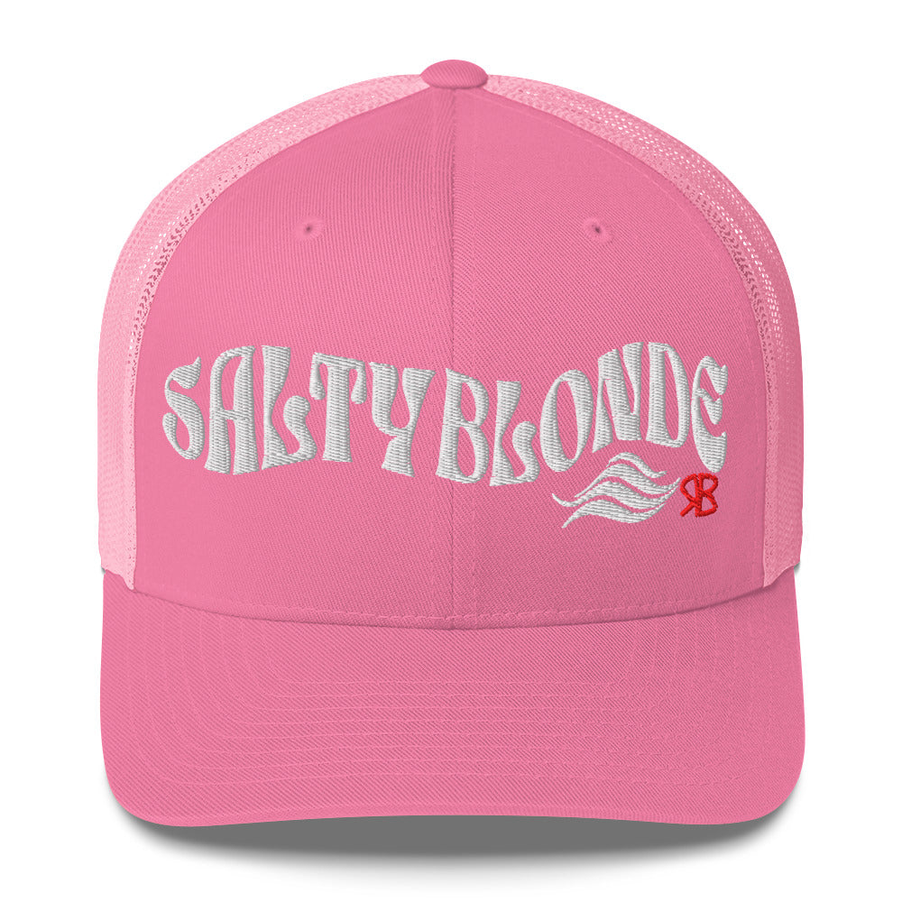 pink trucker cap with 'Salty Blonde in white Solino display font. Branded RB in red