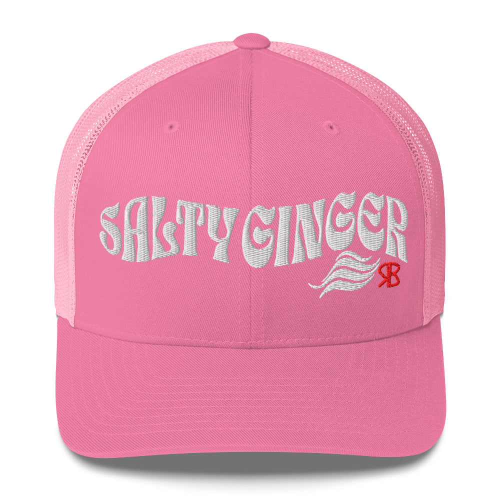 pink trucker cap with 'Salty Ginger' in white Solino display font. Branded RB in red