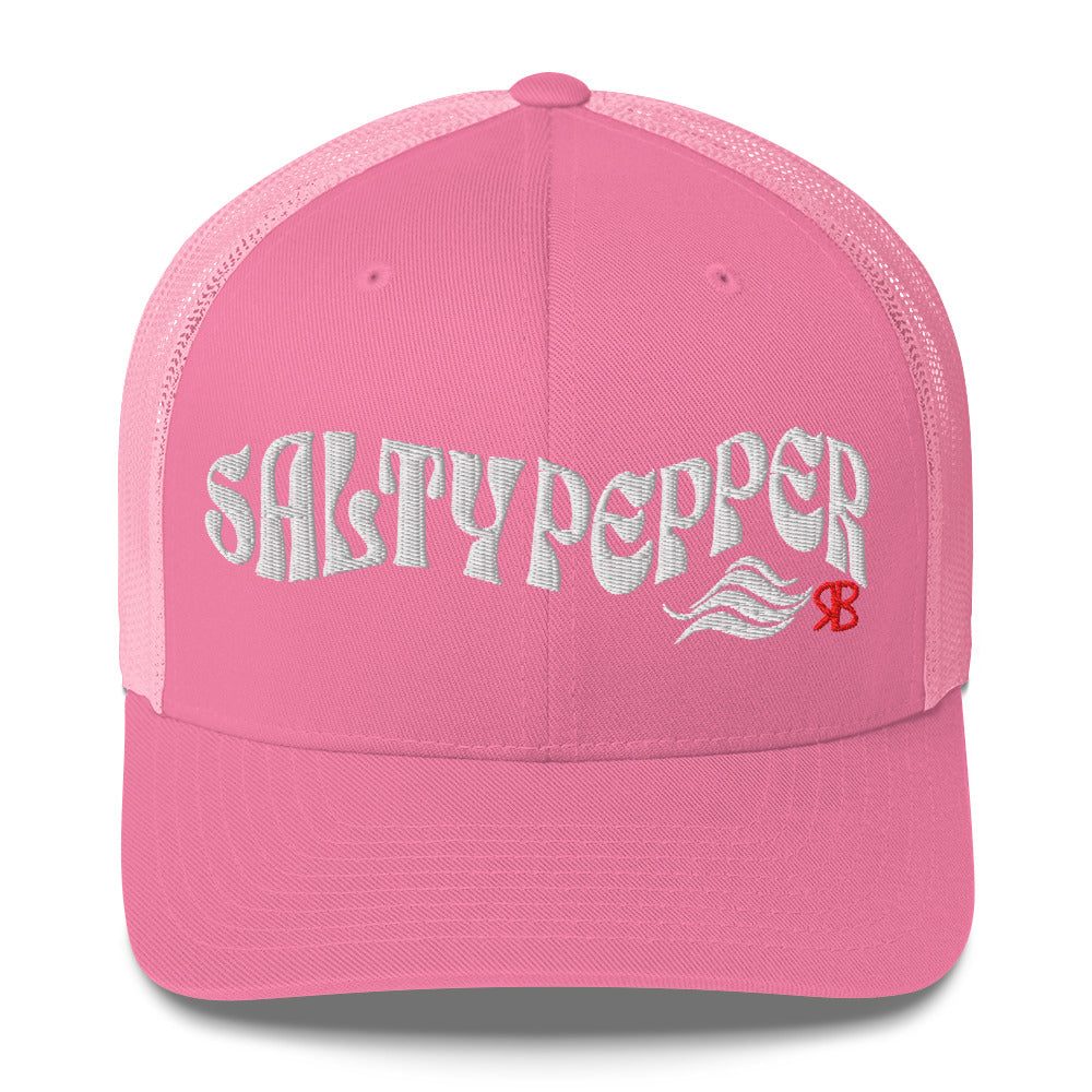 pink trucker cap with 'Salty Pepper in white Solino display font. Branded RB in red