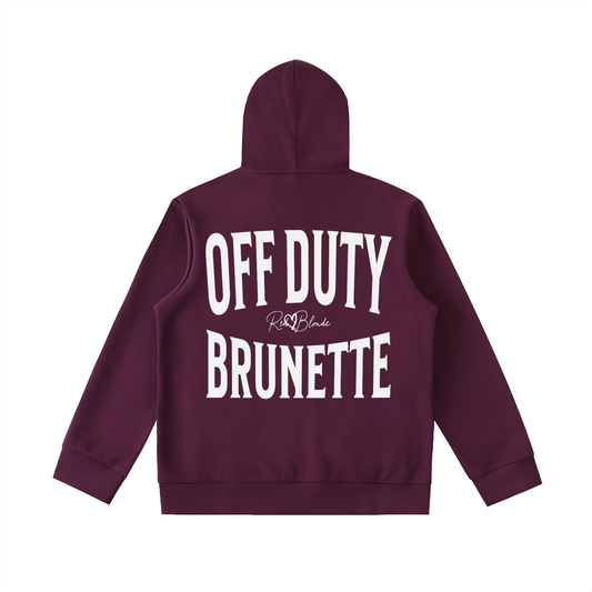 Plum oversized hoodie shown from the back on a white background, featuring large white “OFF DUTY BRUNETTE” Brookfield text with a small RedBlonde script logo between the words.