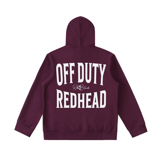 plum oversized hoodie shown from the back on a white background, featuring large black “OFF DUTY REDHEAD” Brookfield text with a small RedBlonde script logo between the words.