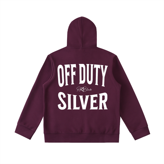 Plum oversized hoodie shown from the back on a white background, featuring large white “OFF DUTY SILVER” Brookfield text with a small RedBlonde script logo between the words.