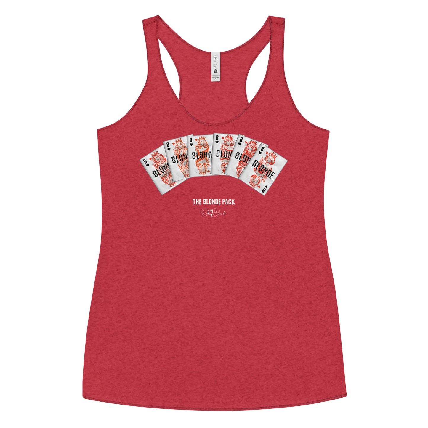 A women’s vintage red racerback tank top featuring a bold graphic of Queen playing cards spread across the chest, each card with a famous blonde. Below the cards, the text reads “THE BLONDE PACK” with the RedBlonde signature logo.