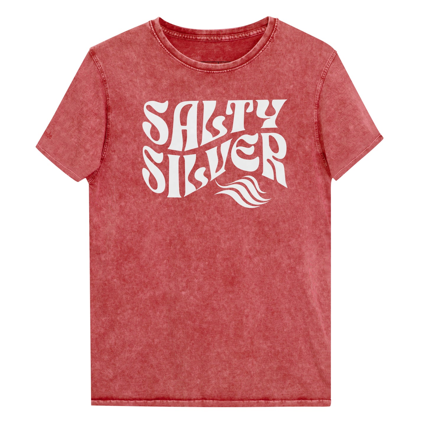 flatlay of red denim vintage wash graphic t-shirt with the slogan 'Salty Silver' in white retro 70s wavy font. Branded RedBlonde inside neck and right shoulder in red