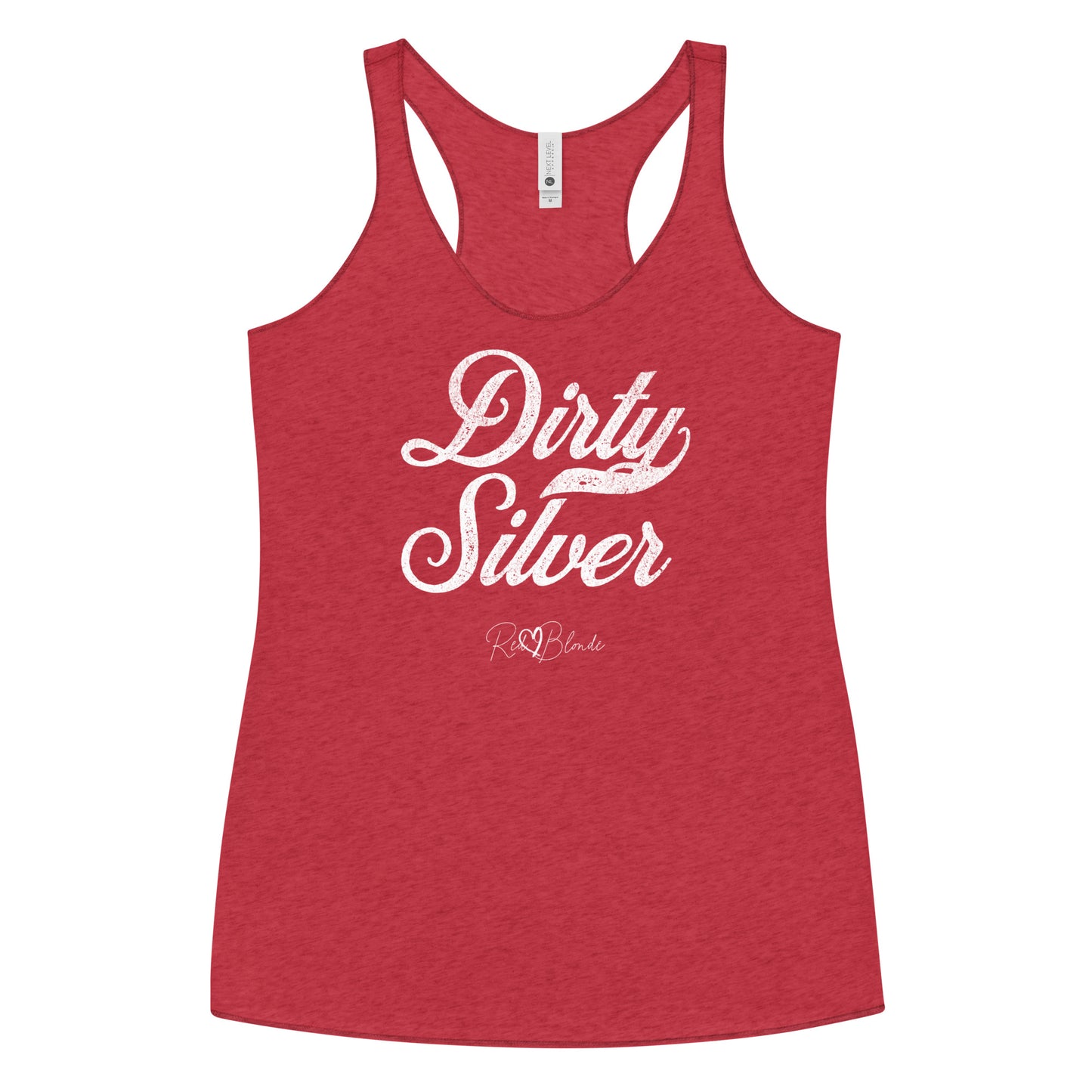 red women's racerback tank with the playful slogan ‘Dirty Silver’ in white milk-store font, signed off RedBlonde. Branded RedBlonde London in red on the reverse