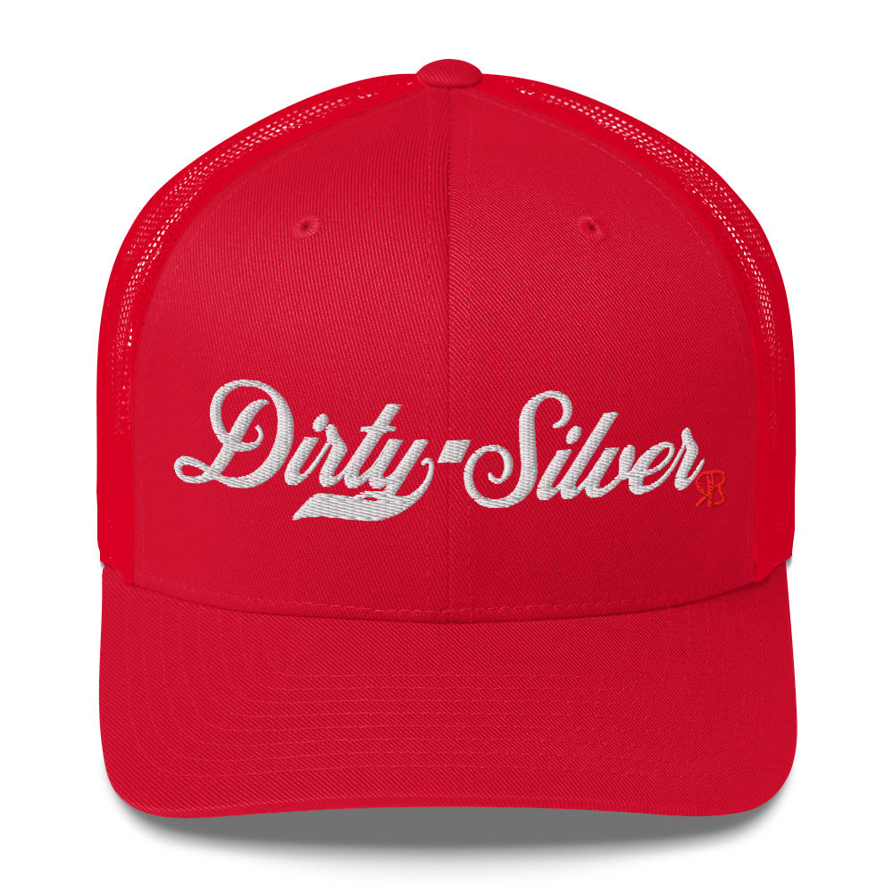 red trucker cap with 'Dirty Silver' in white milkstore font. Branded RB in Red