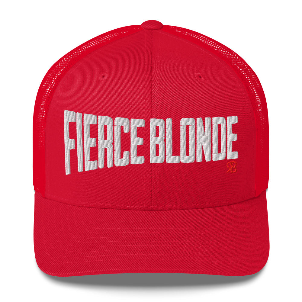 red retro trucker cap with bold white embroidered text “Fierce Blonde” across the front, featuring a small red RB logo on the side.