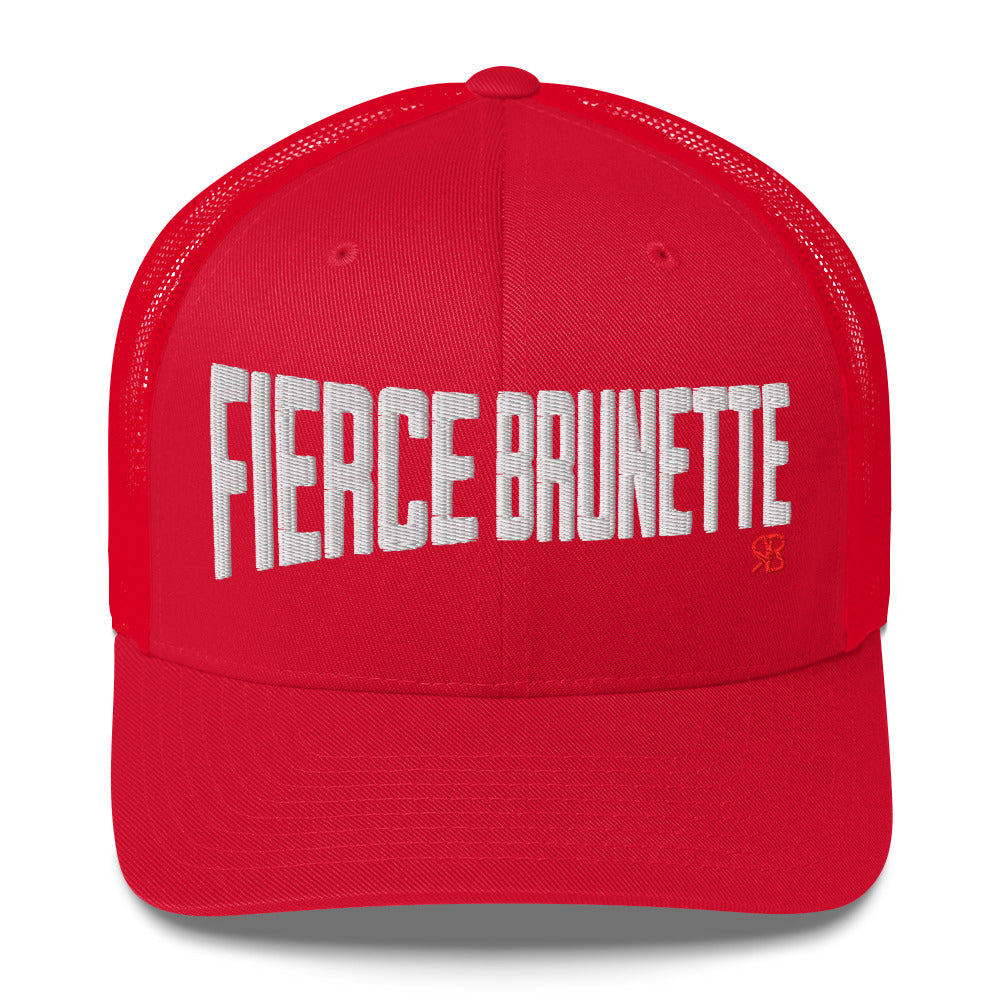 red retro trucker cap with bold white embroidered text “Fierce Brunette” across the front, featuring a small red RB logo on the side.