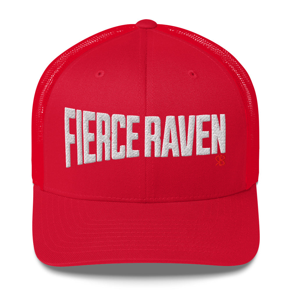red retro trucker cap with bold white embroidered text “Fierce Raven” across the front, featuring a small red RB logo on the side.