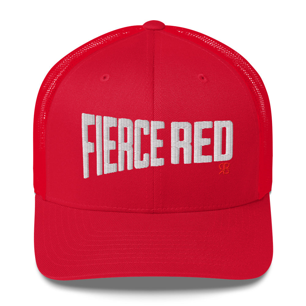 red retro trucker cap with bold white embroidered text “Fierce Red” across the front, featuring a small red RB logo on the side.
