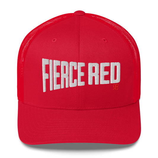 red retro trucker cap with bold white embroidered text “Fierce Red” across the front, featuring a small red RB logo on the side.