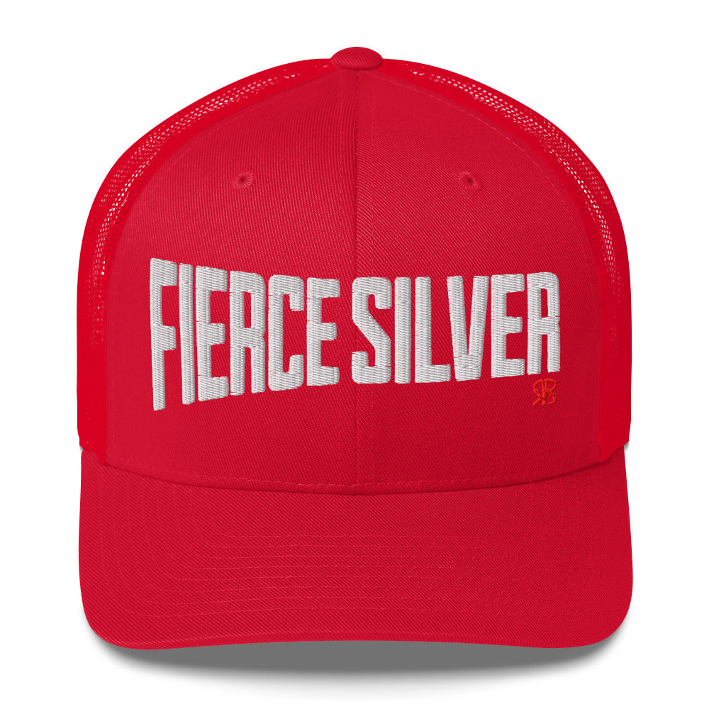 red retro trucker cap with bold white embroidered text “Fierce Silver” across the front, featuring a small red RB logo on the side.