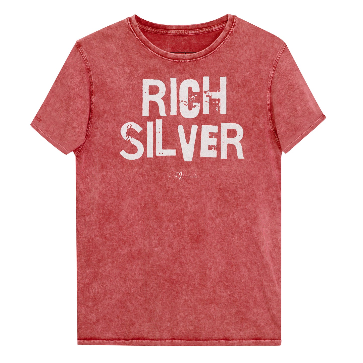 A garnet red acid-wash unisex denim T-shirt with a distressed vintage look. The shirt features the bold white text “RICH SILVER” in a weathered Ed Gein font, and features the RedBlonde signature logo. The shirt has short sleeves, a crew neckline, and visible seam detailing for a rugged, casual style. Branded Redblonde on inside neck and right sleeve