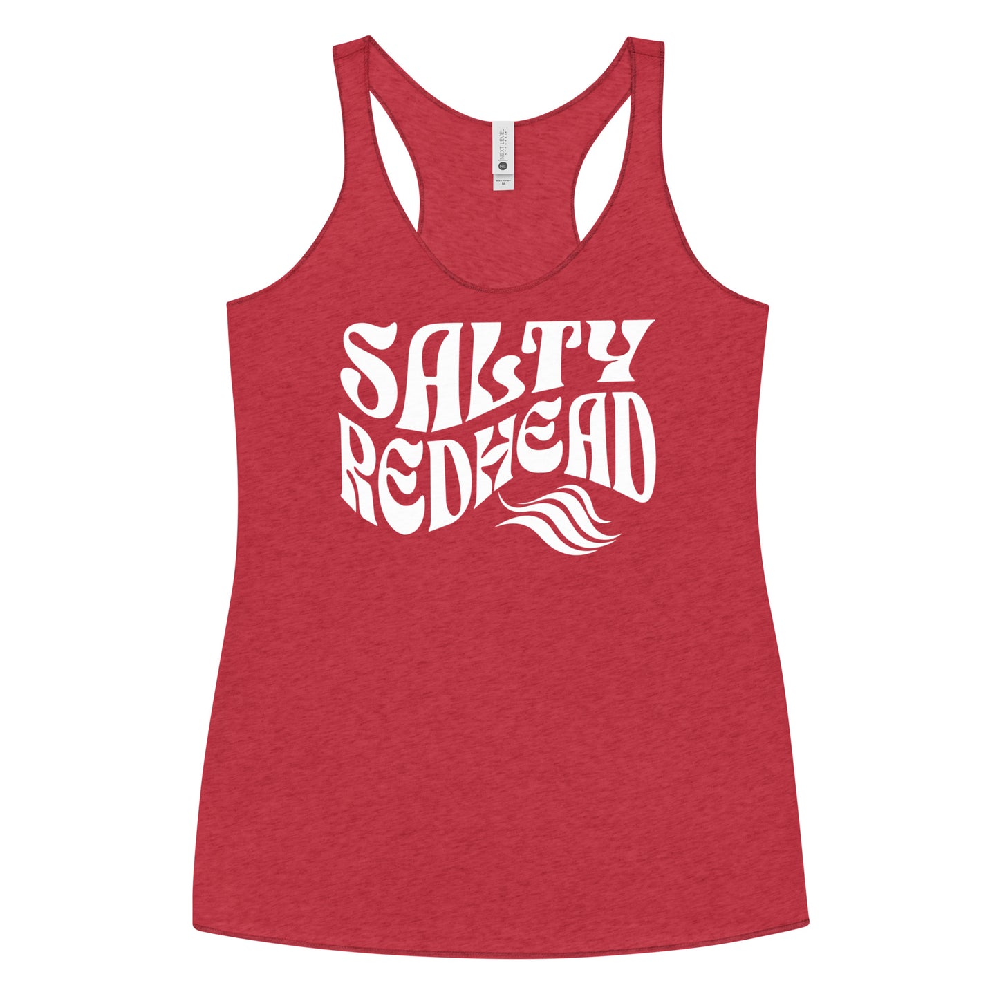 Flatlay of a red soft racerback tank t-shirt with 'Salty Redhead' play on words slogan in white retro wavy 70s font. Branded RedBlonde London on reverse
