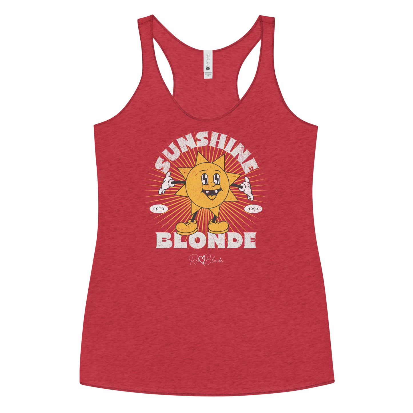 red women’s racerback tank with a retro cartoon-style yellow sun character, smiling with open arms, surrounded by radiant sunbeams. The text reads ‘Sunshine Blonde’ in bold vintage Belzebuth lettering, with small details including ‘ESTD 1994’ and the RedBlonde signature logo beneath."