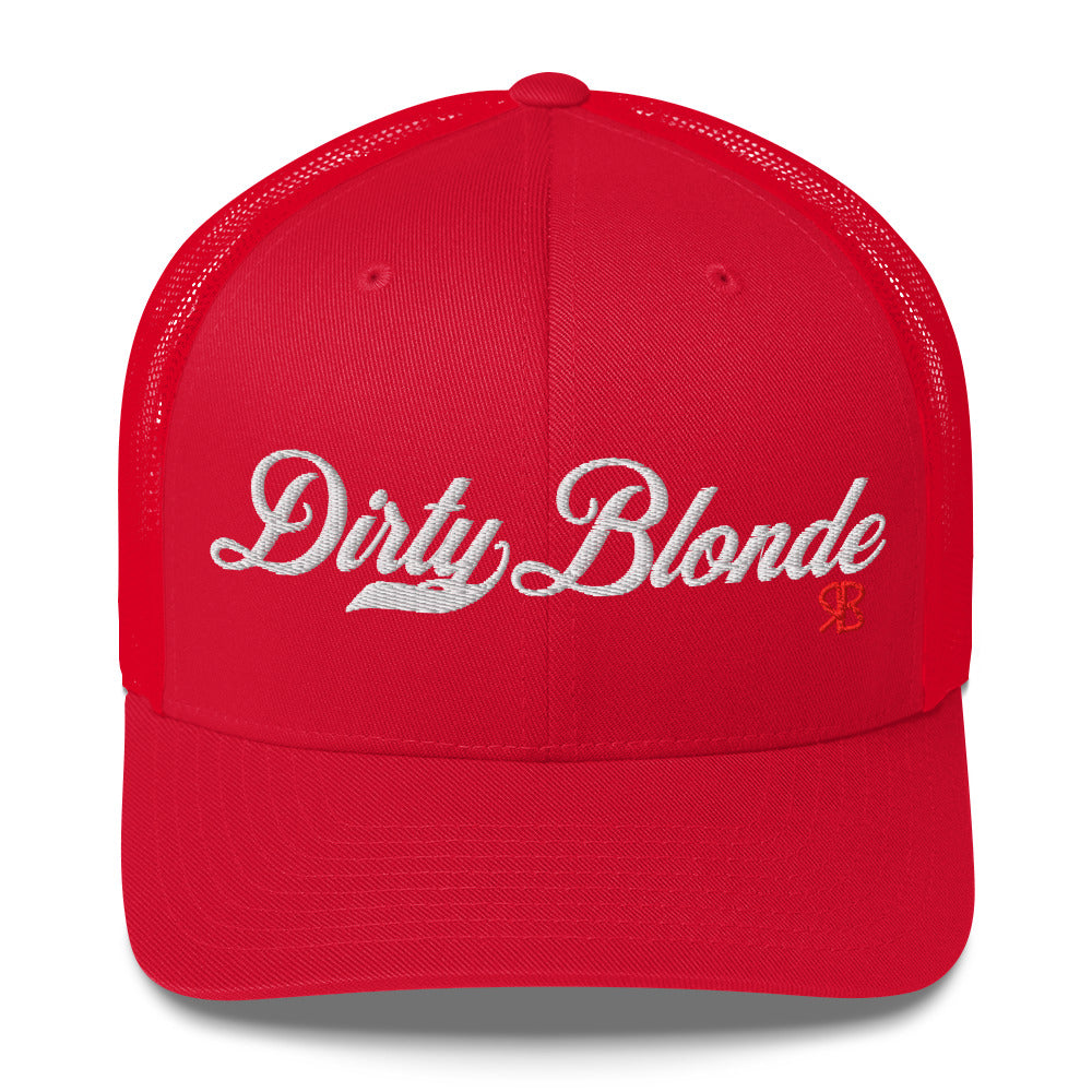 red trucker cap with 'Dirty Blonde' in white milkstore font. Branded RB in Red