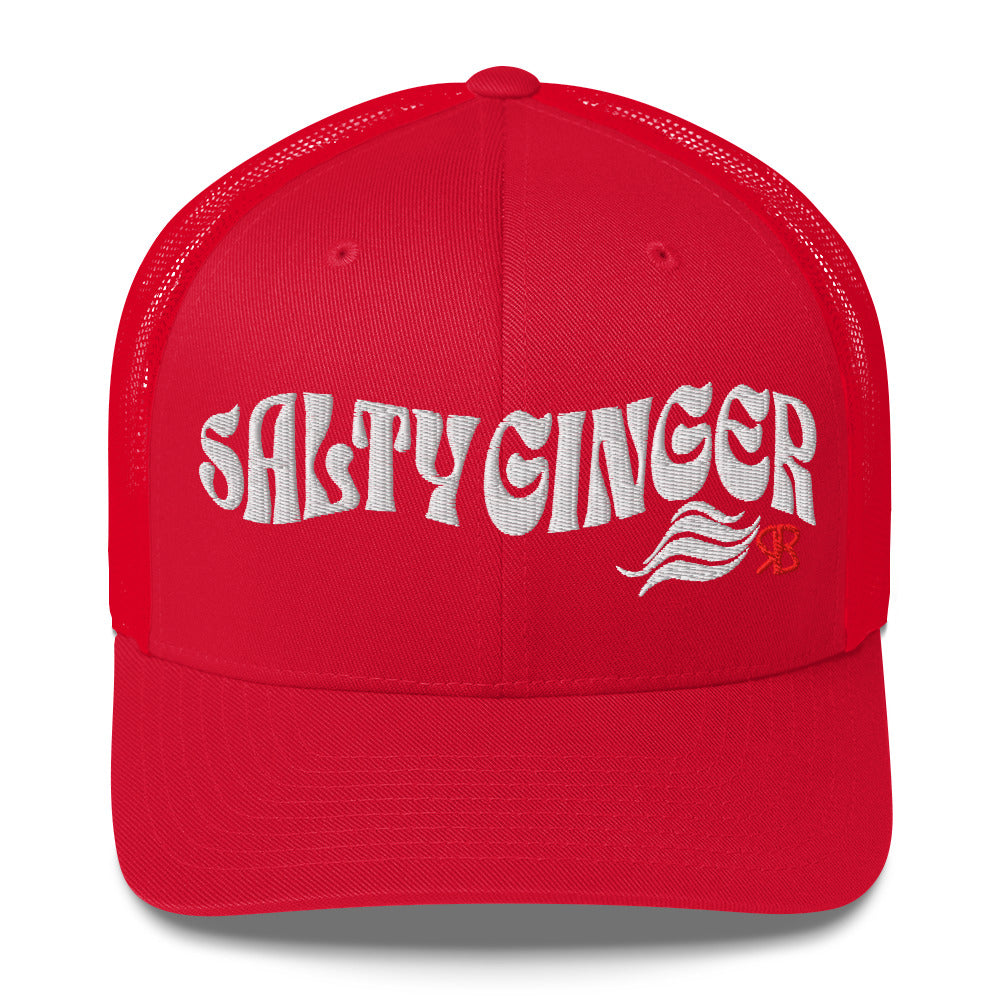 red trucker cap with 'Salty Ginger' in white Solino display font. Branded RB in red