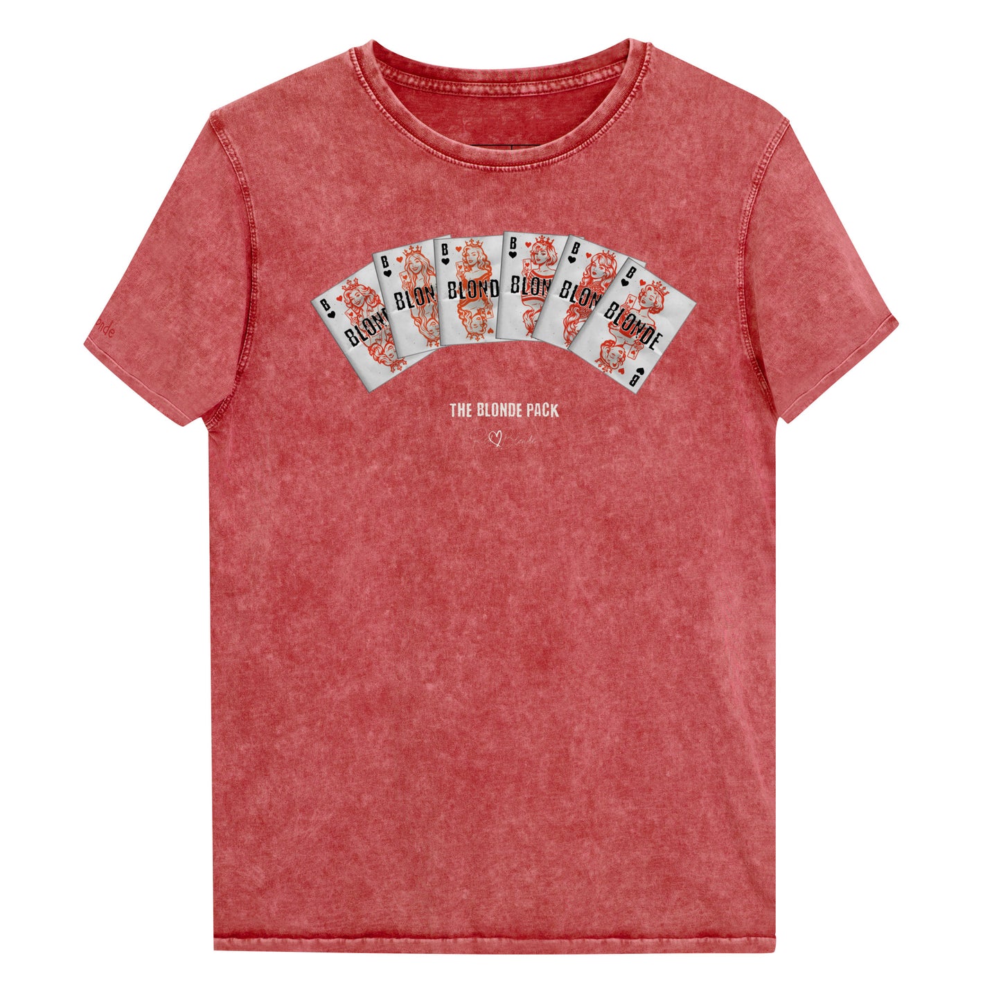 Unisex red acid denim wash tshirt featuring a bold graphic of Queen playing cards spread across the chest, each card with a famous blonde. Below the cards, the text reads “THE BLONDE PACK” with the RedBlonde signature logo.