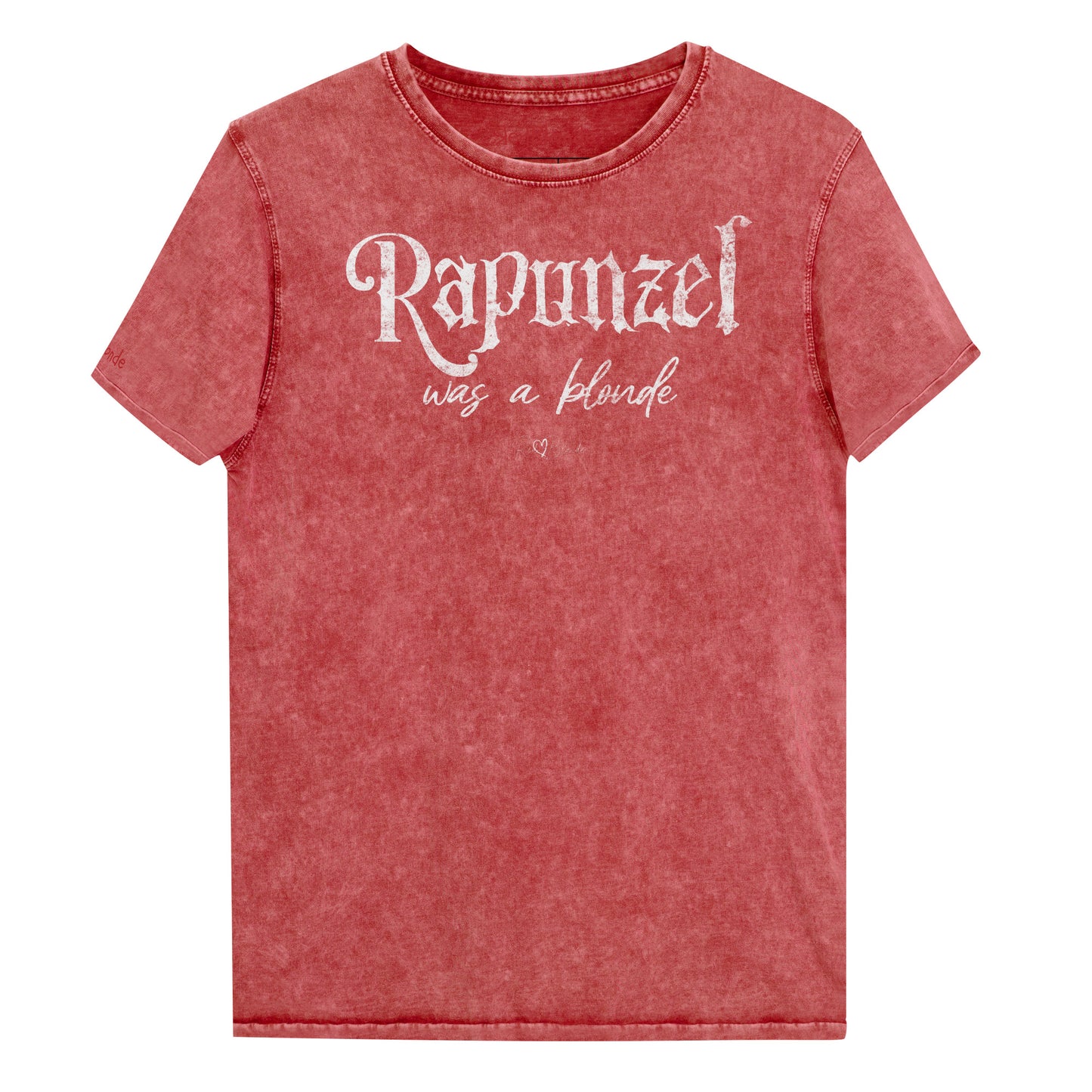 red unisex acid denim wash tshirt featuring white fairytale spiky text that reads “Rapunzel" and the phrase “was a blonde” written underneath in an elegant cursive script. signed off with the RedBlonde heart signature logo. Branded RedBlonde on inside neck and right sleeve