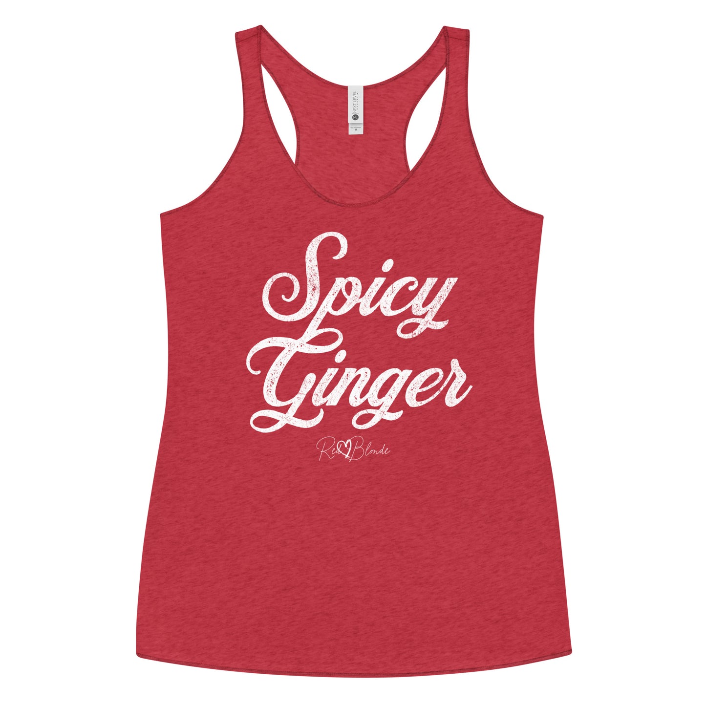 red women's racerback tank with the playful slogan ‘Spicy Ginger’ in white milk-store font, signed off RedBlonde. Branded RedBlonde London in red on the reverse