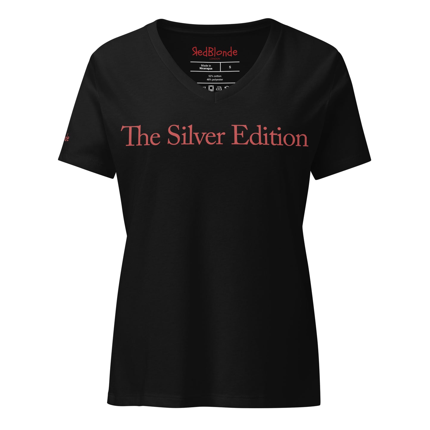flatlay a relaxed but slightly fitted black v-neck t-shirt with the words 'The Silver Edition' in red. Branded RedBlonde in red on the inside neck and right sleeve
