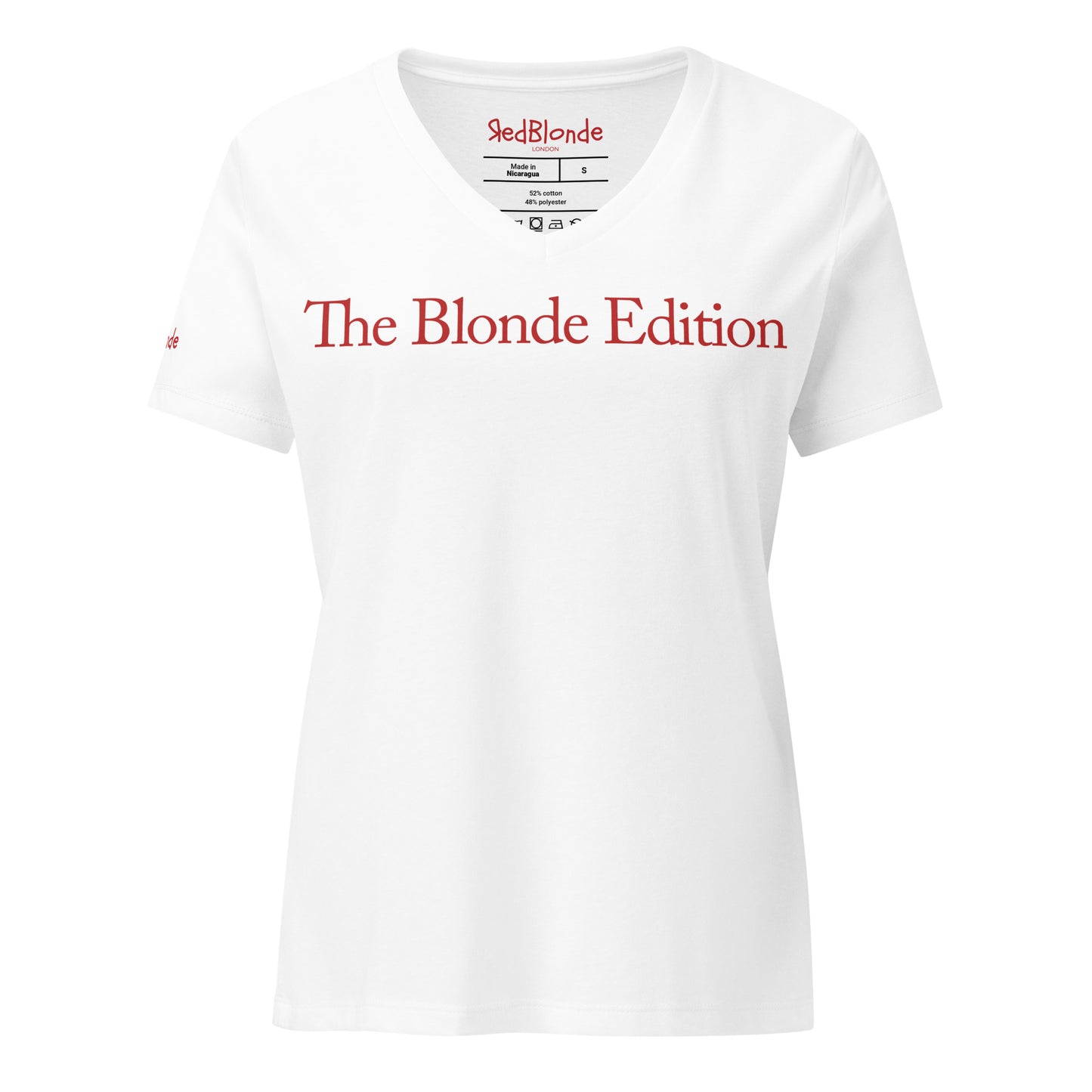 flatlay a relaxed but slightly fitted white v-neck t-shirt with the words 'The Blonde Edition' in red. Branded RedBlonde in red on the inside neck and right sleeve