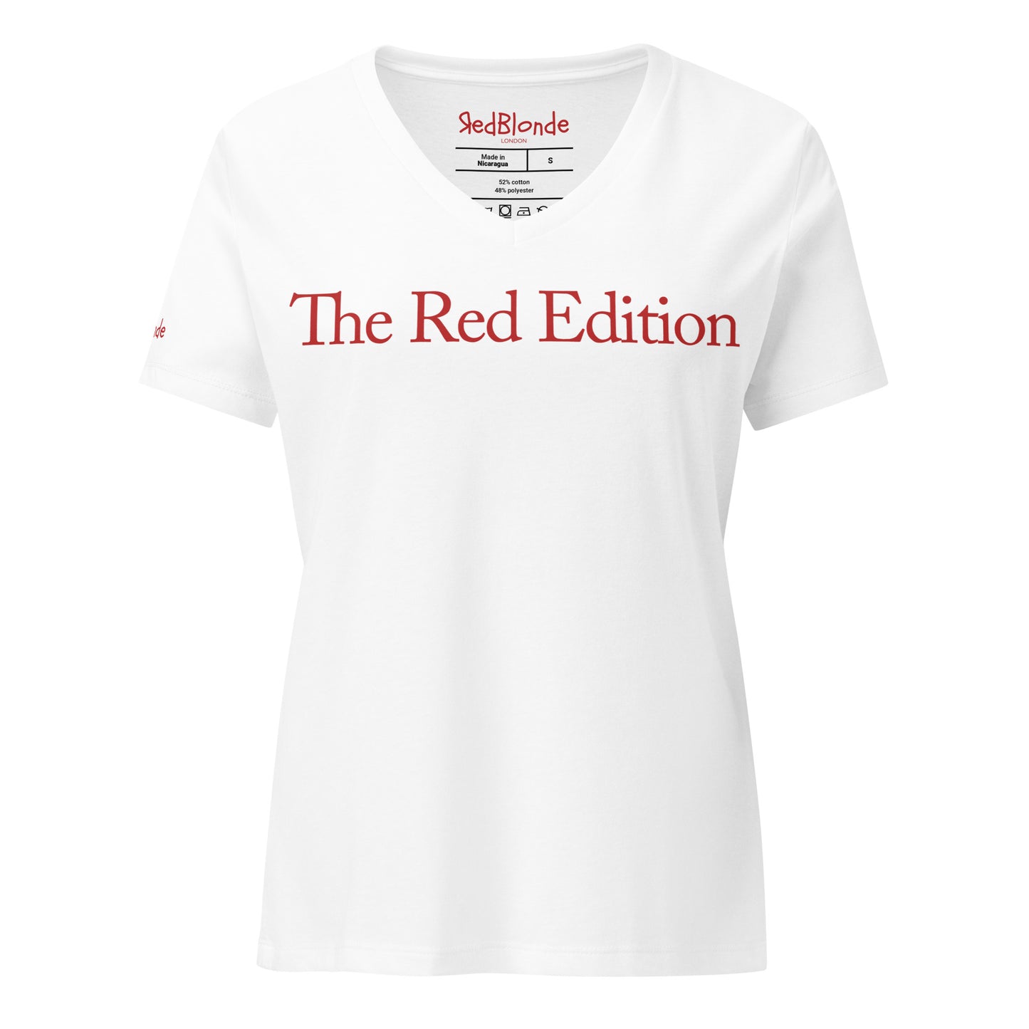 flatlay a relaxed but slightly fitted white v-neck t-shirt with the words 'The Red Edition' in red. Branded RedBlonde in red on the inside neck and right sleeve
