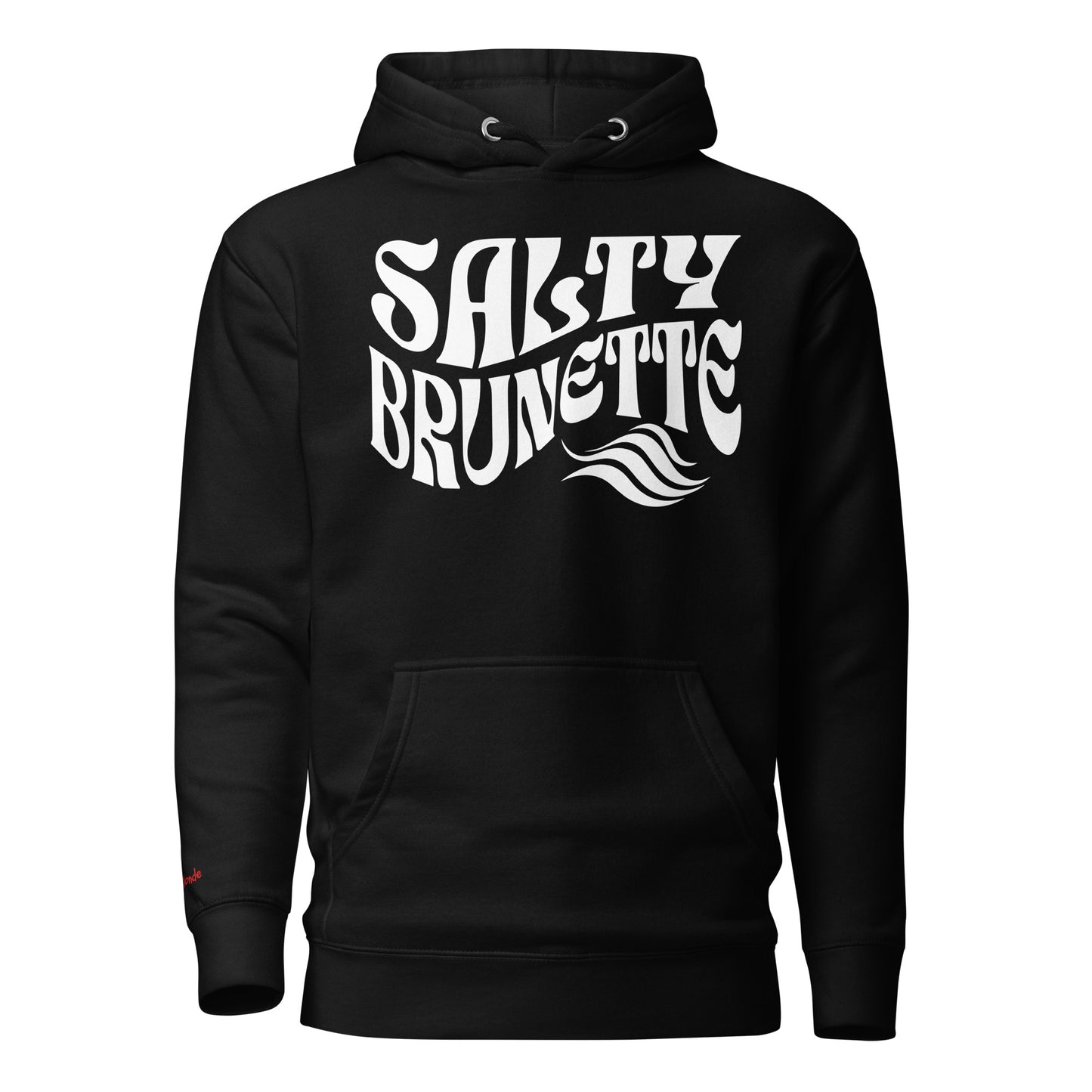 Classic relaxed fit unisex hoodie in black with 'Salty Brunette' play on words slogan in white retro 70s wavy text. branded RedBlonde in red on inside neck and right cuff