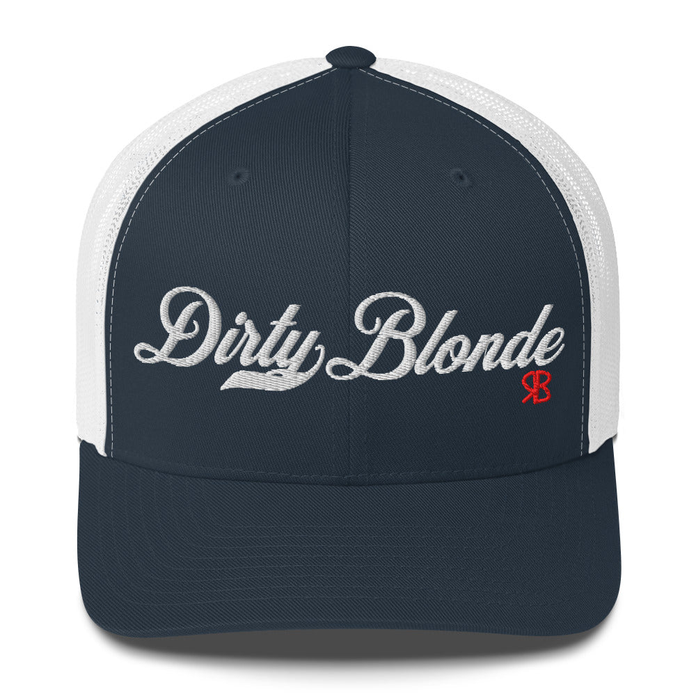 navy/white trucker cap with 'Dirty Blonde' in white milkstore font. Branded RB in Red