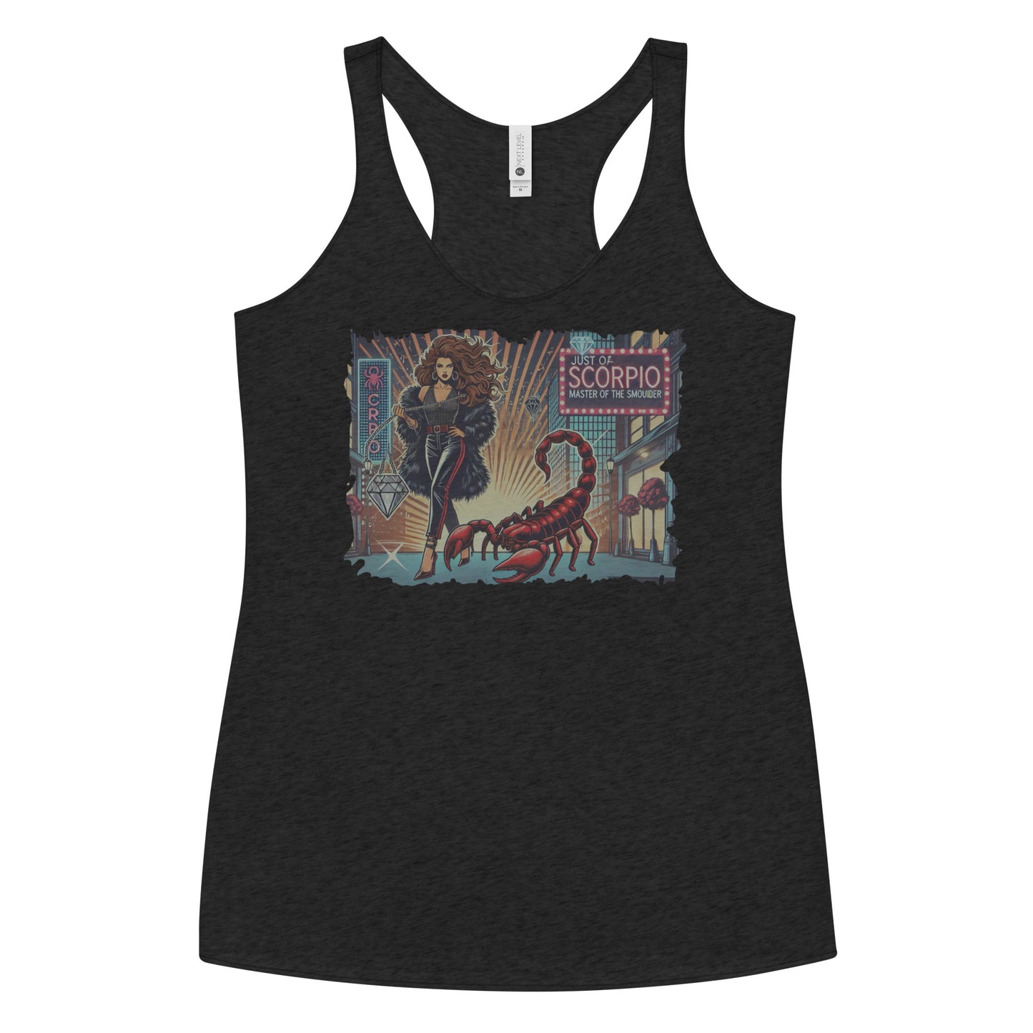 Flatlay of a heather black soft racerback tank t-shirt with a retro pop-art Brunette Scorpio graphic featuring a brunette woman with long flowing hair, wearing a black pants with a red stripe down the side, a halterneck top and fur coat, next to a large red scorpion walking down the street past a shop window captioned ‘Just a Scorpio, Master of the Smoulder'