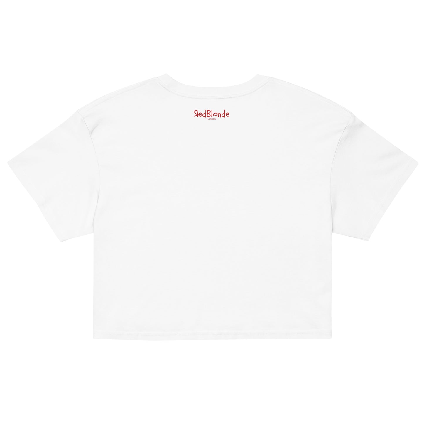 Flatlay of reverse of white loose women's crop top t-shirt with the words ‘Salty Brunette' in blue retro 70s font on the front. Redblonde London branding in the top neck